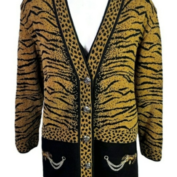 DOLCE BELLA ANIMAL PRINT CARDIGAN CHUNKY OVERSIZED THICK WOOL SWEATER GOLD BLACK - Picture 10 of 10